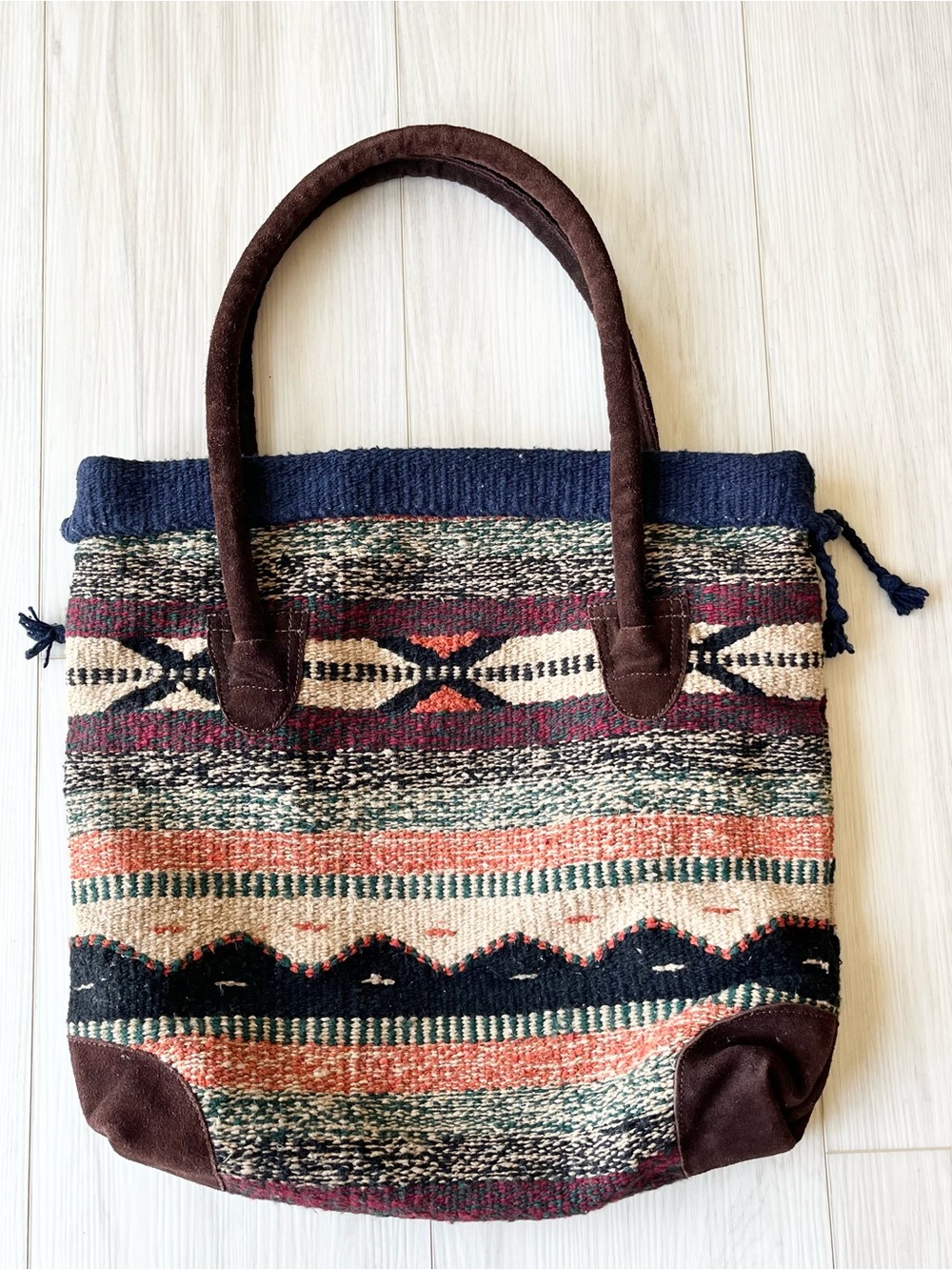 Boho Woven Saddleblanket Tote with Brown Suede Handles
